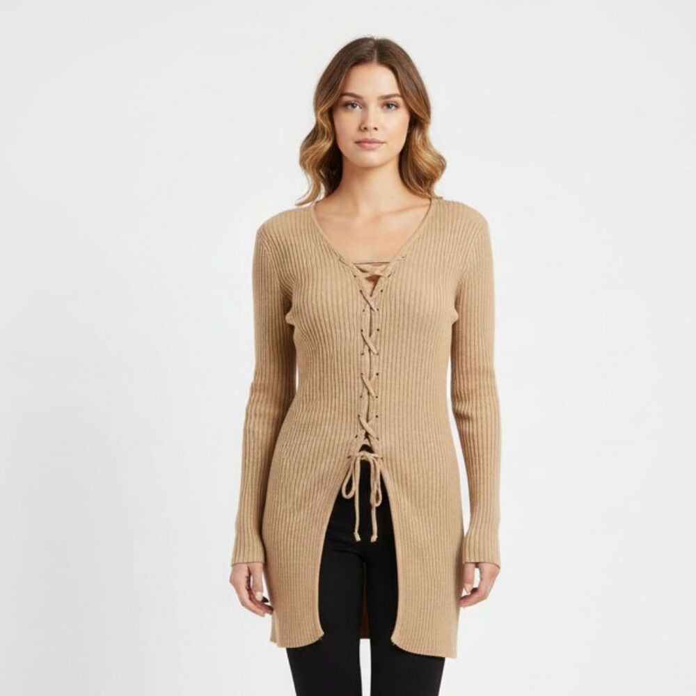 Rehab Tan Lace Up Ribbed Long Sleeve Top S/M